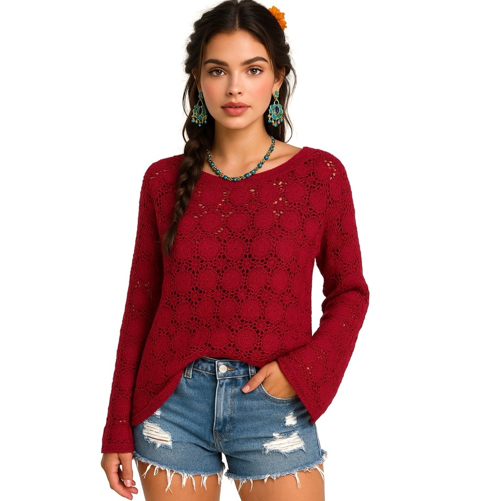 Vintage Y2K 90s Bohemian Burgundy Wine Crochet Tunic Sweater - Picture 2 of 14